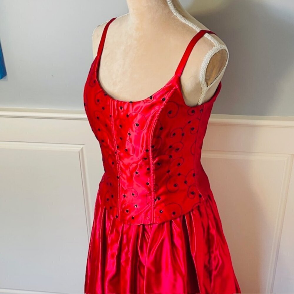 Jessica McClintock Ball Gown Vintage 90s Red Satin Corset Formal Prom 9/10 Small - Picture 3 of 14